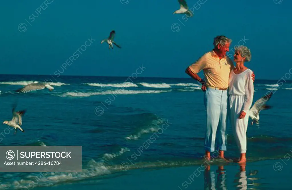Senior couple fondly gazing at each other while standing in shallow water at the shore line of a beach.