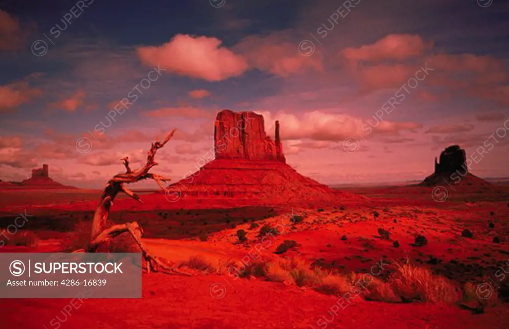 View of the natural rock formations and desert in Monument Valley, Utah. 