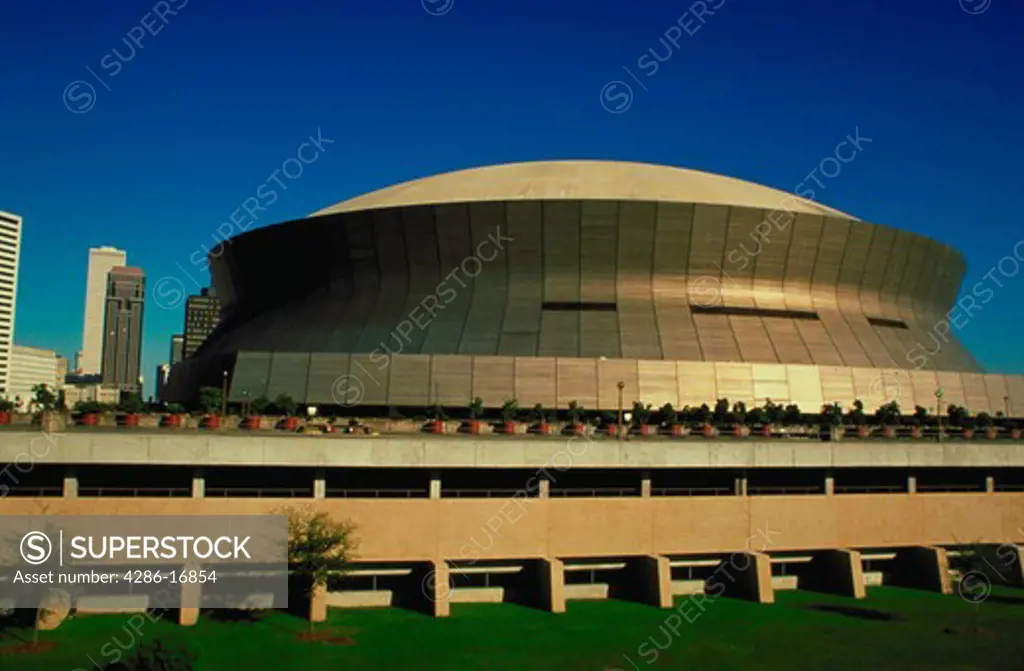 View of the exterior of the Superdome sports arena in New Orleans, Louisiana.