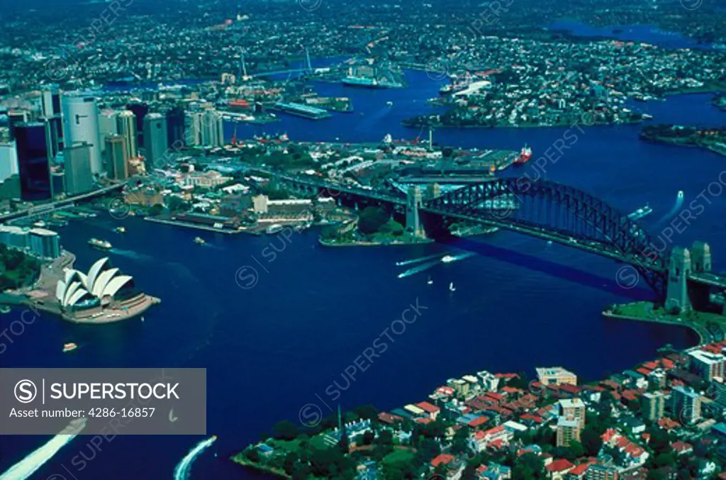 Aerial view of Sydney Harbor, Australia. The Sydney Opera House in on the left hand side of the photo.