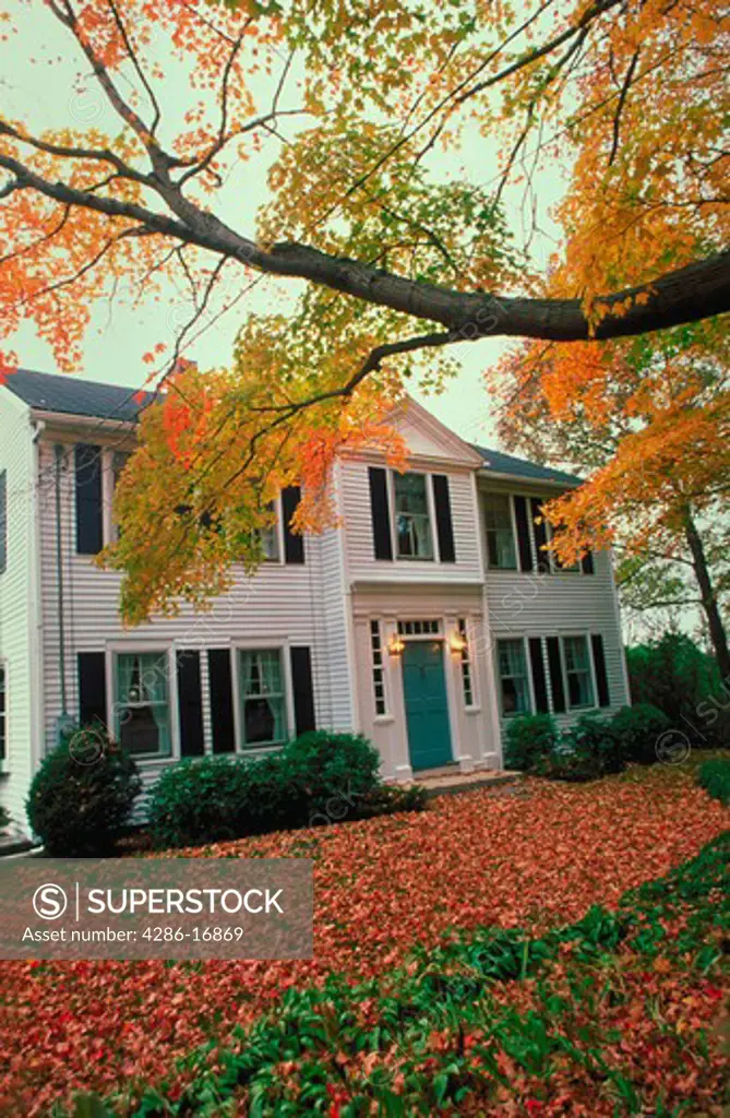 Fall leaves covering the lawn in front of a two story home.