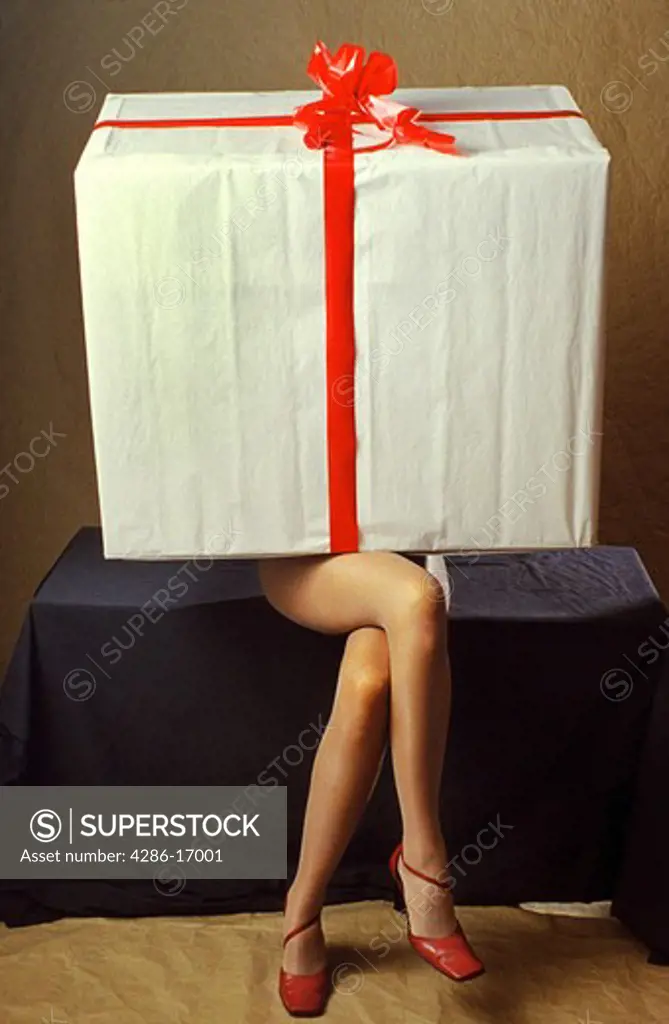 Woman wrapped as gift.