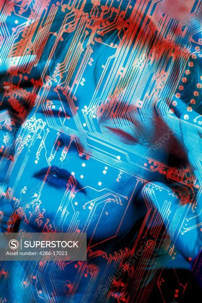 Woman and computer technology. Circuit board. Technology.