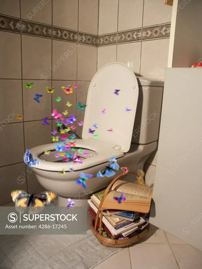 Toilet with butterflies. Freshness, cleanliness.