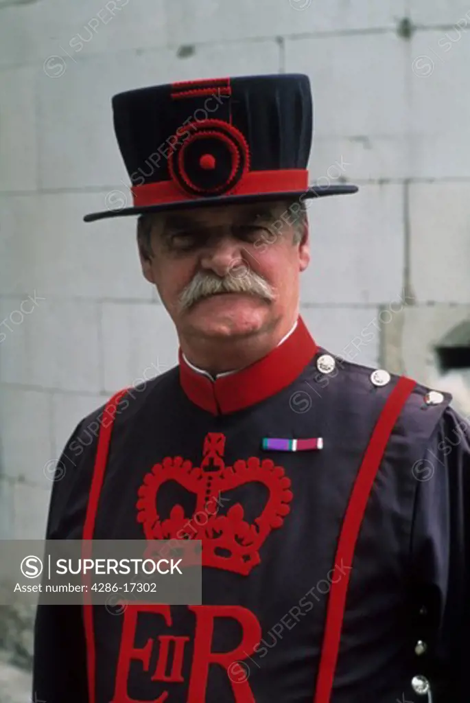 Portrait shot of Beefeater at Tower of London, England.