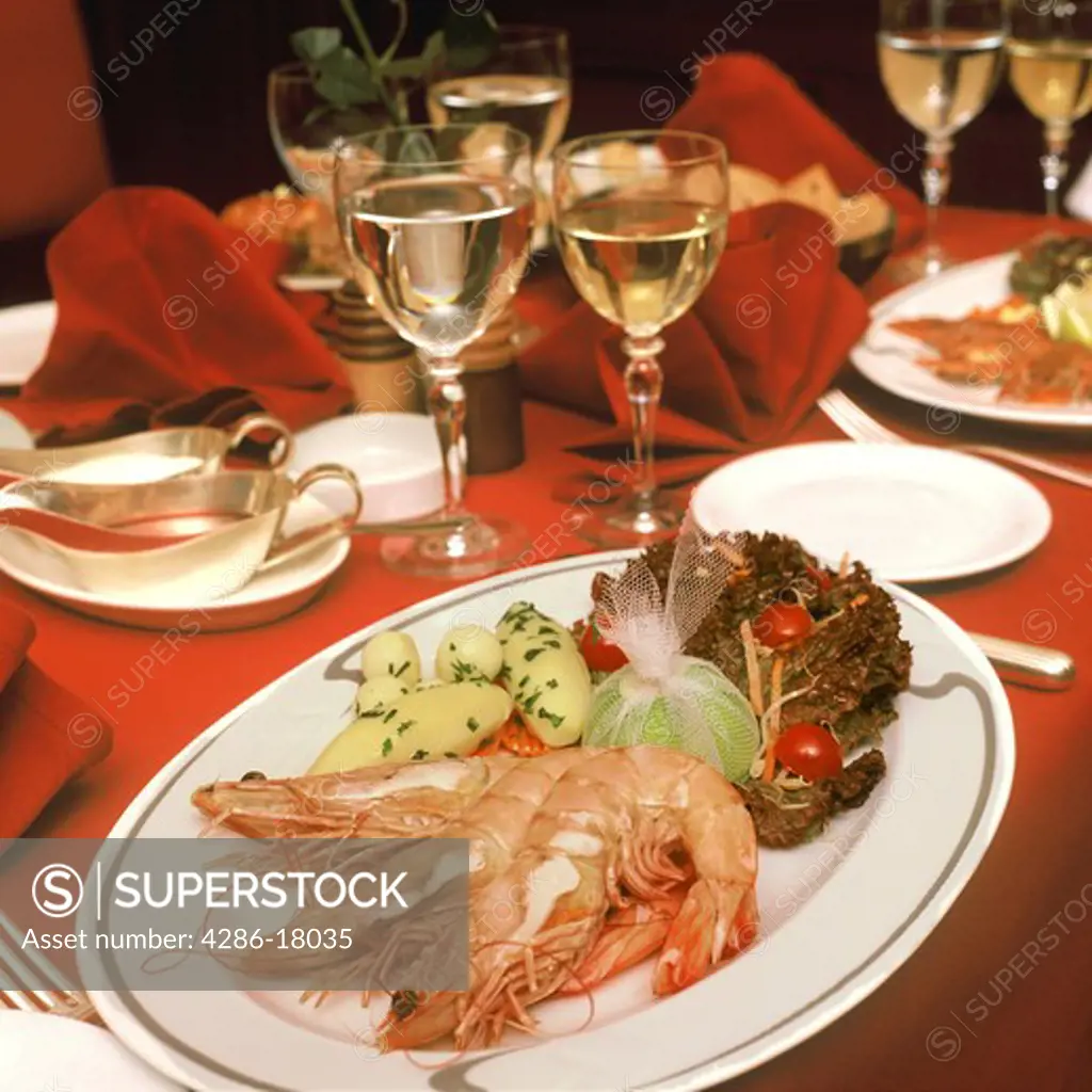 Shrimp dinner in restaurant.