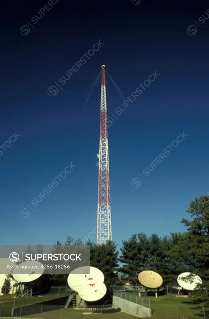 Telecommunications. Satellite dish antennas and  broadcast antenna.