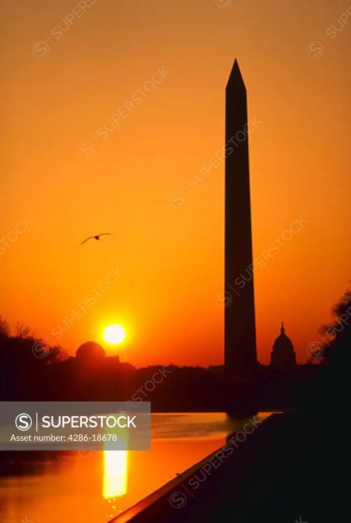 US Capitol and Washington Monument with reflecting pool at sunrise, Washington, DC.