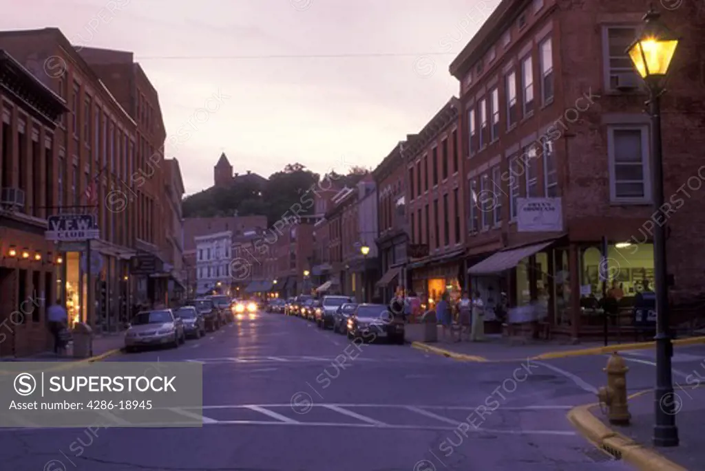 Illinois, Galena, Historical town of Galena at dusk along main street.