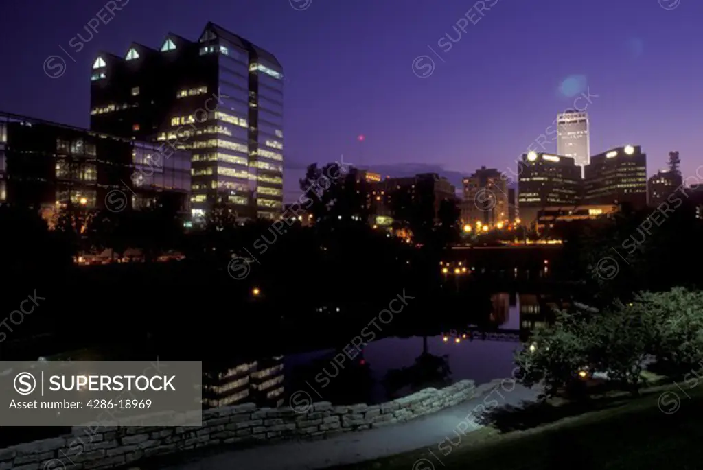 Nebraska, The skyline of downtown Omaha in the evening from the Gene Leahy Mall.