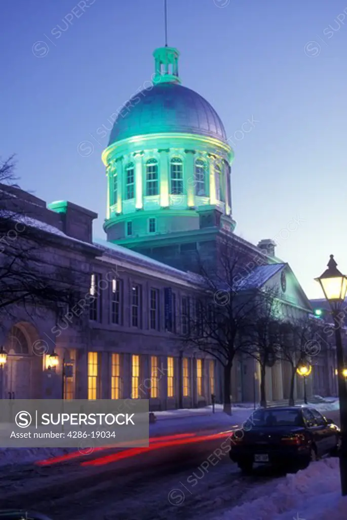 Canada, Quebec, Montreal, Bonsecours Market on Rue Saint-Paul in Old Montreal illuminated at night.