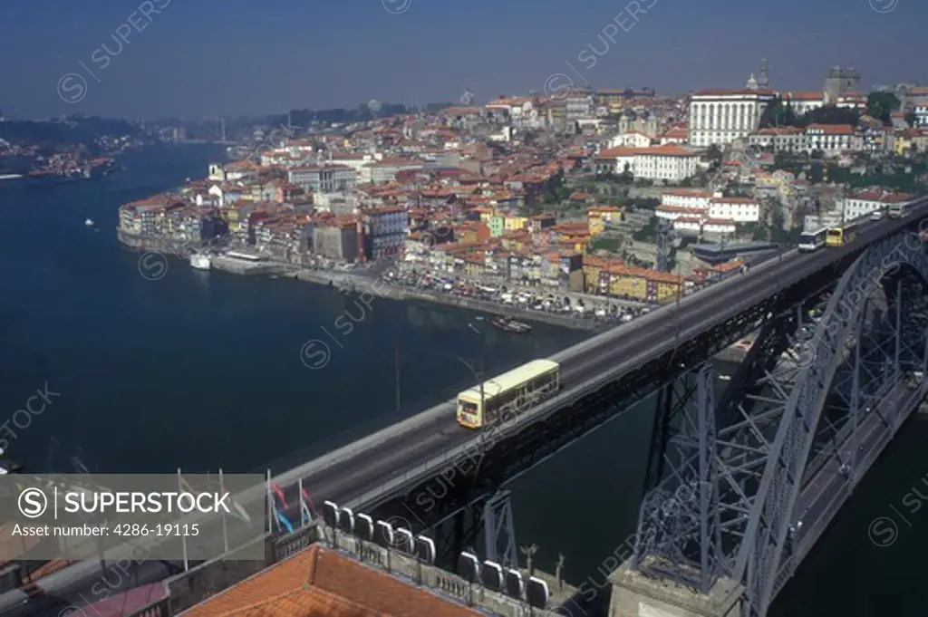 Portugal, Porto, Aerial view of the Ponte de Dom Luis over the Rio Douro in Porto.