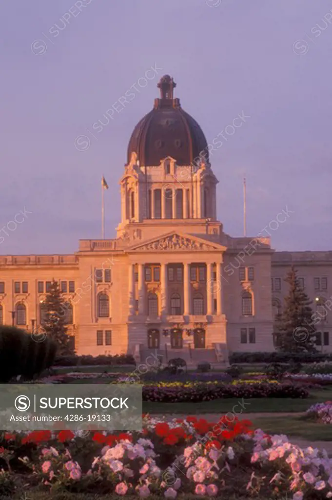 Canada, Saskatchewan, Regina, The Legislative Building (Capitol) at sunrise, sunset in Regina.