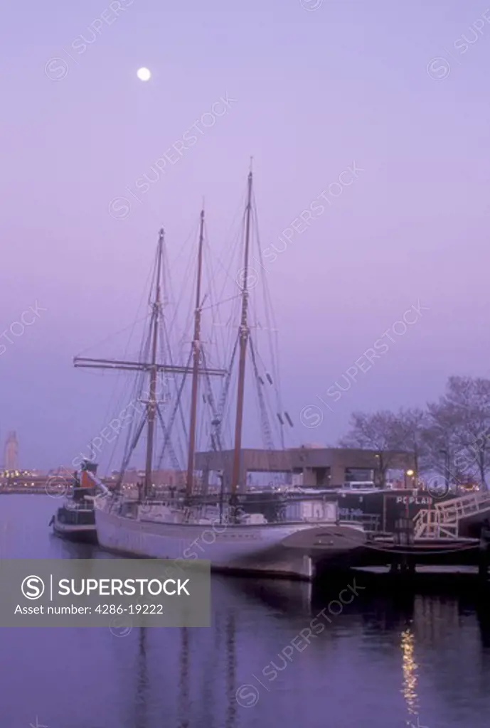 Philadelphia, boat, Penn's Landing, Pennsylvania, Delaware River, Moonrise over the Gazela of Philadelphia ship docked at Historic Penn's Landing on the Delaware River in the evening in Philadelphia, Pennsylvania.
