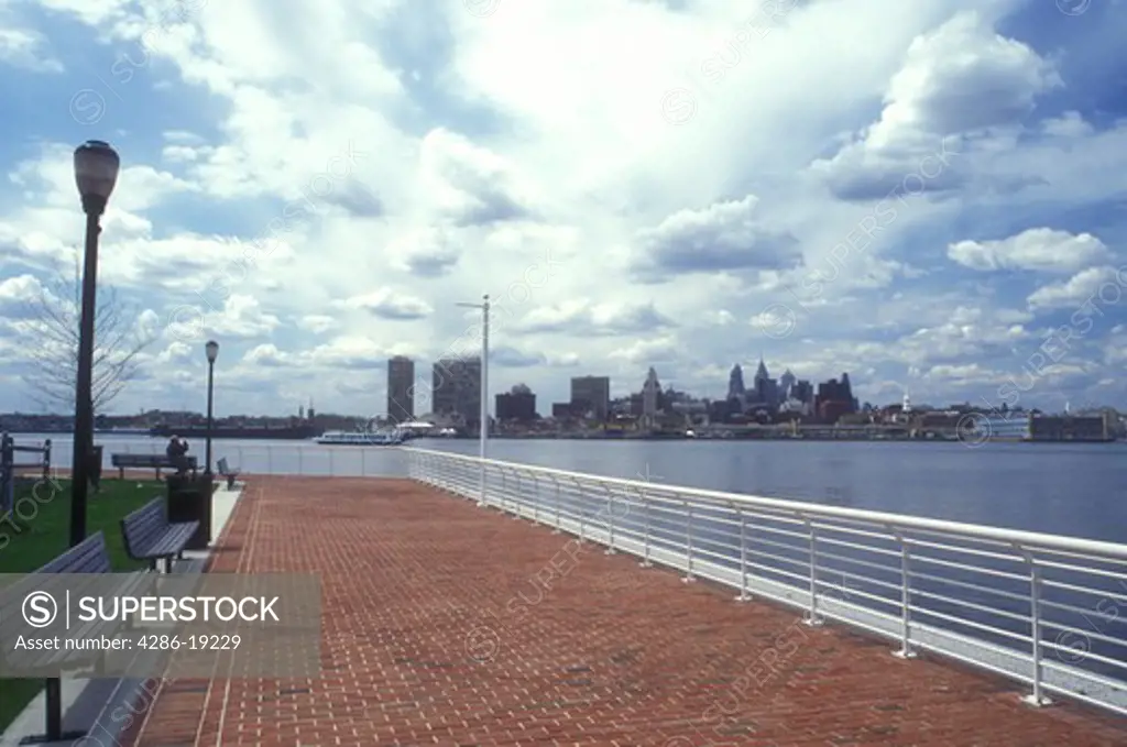 Camden, New Jersey, View of the downtown skyline of Philadelphia from the riverfront park on the Delaware River in Camden, New Jersey.