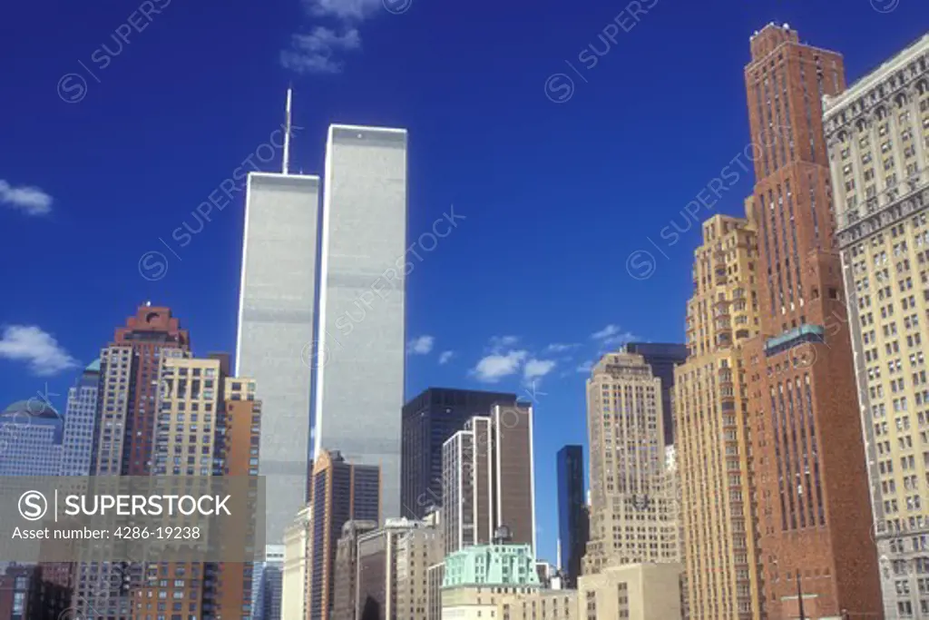 New York City, skyline, World Trade Center, Manhattan, New York, N.Y.C., NYC, Lower Manhattan downtown skyline and The World Trade Center Twin Towers from Battery Park in New York City, New York.