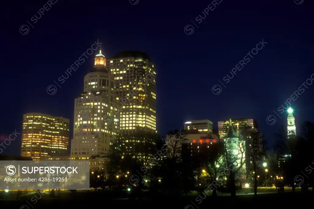 Hartford, skyline, Connecticut, The downtown skyline of Hartford the capital city of Connecticut from Bushnell Park at night.