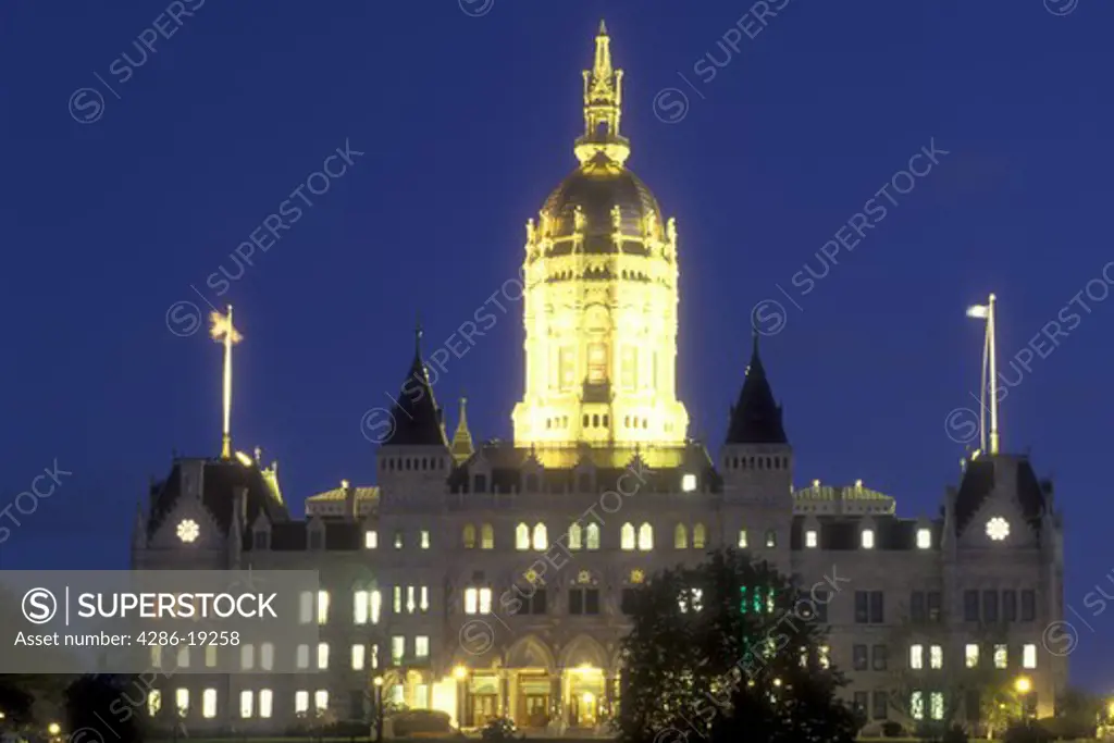 Hartford, State Capitol, State House, Connecticut, The State Capitol of Hartford, Connecticut illuminated at night.