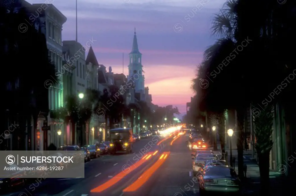 Charleston, South Carolina, City lights in the evening on Broad Street in downtown Charleston, South Carolina.