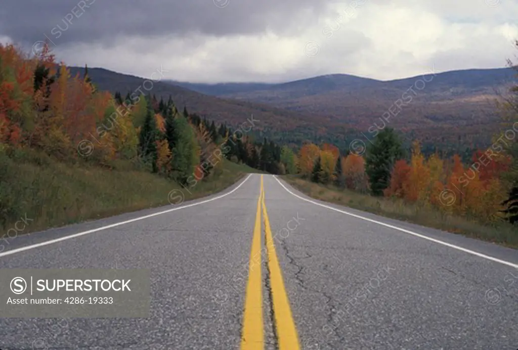 fall foliage, road, Vermont, The double yellow lines of Route 109 follow the colorful fall foliage through the scenic countryside of Belvedere.