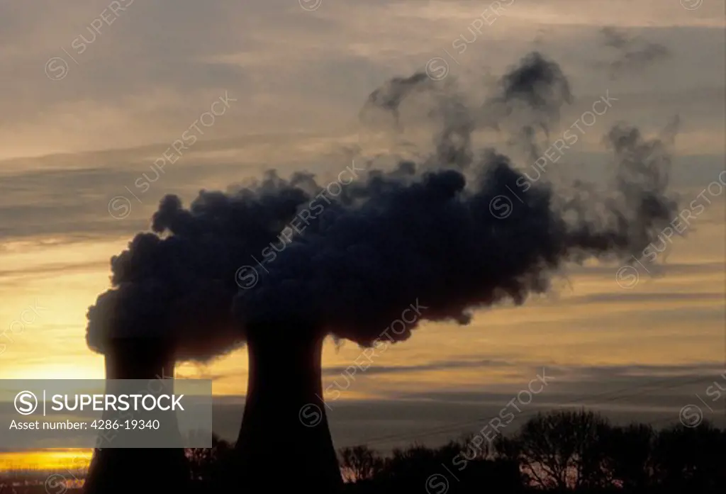 nuclear power plant, sunrise, sunset, Pennsylvania, Steam rises from the cooling towers of the Philadelphia Electric Co. nuclear power plant in Limerick at sunset.