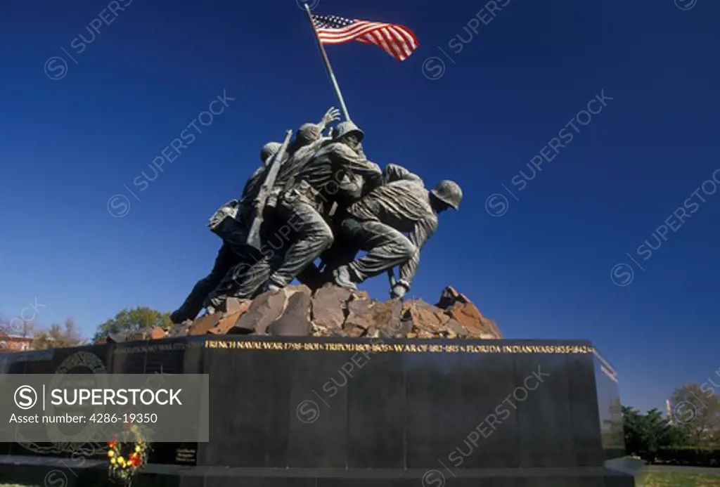 Iwo Jima statue, Arlington, Virginia, Marine Corps War Memorial at Arlington National Cemetery. Raising of the U.S. flag on Iwo Jima during World War II.