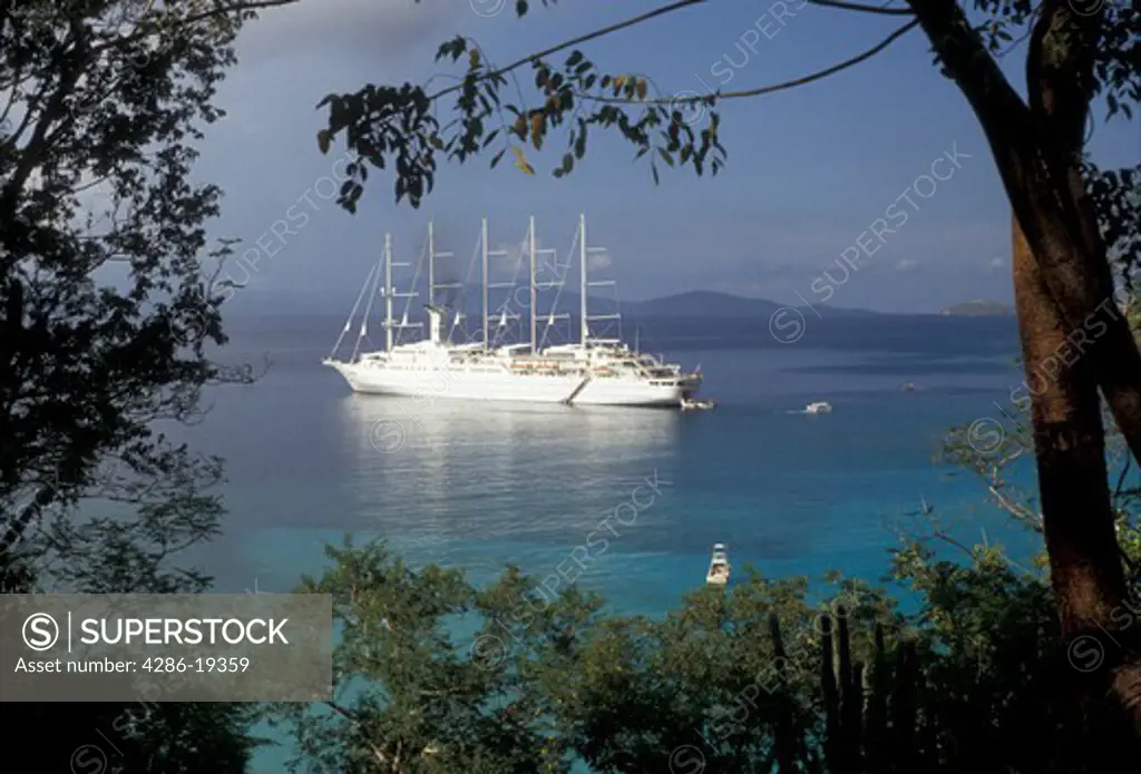 British Virgin Islands, cruise, Jost Van Dyke, Caribbean, Virgin Islands, B.V.I., BVI, Scenic view of a Club Med Cruise Ship in White Bay on the island of Jost Van Dyke on the British Virgin Islands.