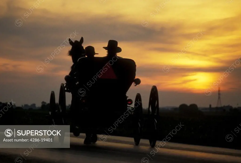 amish, buggy, silhouette, Amish country, Lancaster County, Pennsylvania, Pennsylvania Dutch Country, A silhouette of an Amish couple riding in an open buggy on a country road at sunset (sunrise) in Lancaster in the state of Pennsylvania. 