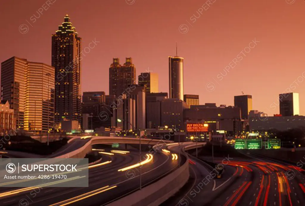 skyline, downtown, Atlanta, Georgia, Skyline of downtown Atlanta at sunset from downtown Connector Interstate I-85/I-75 in the state of Georgia.