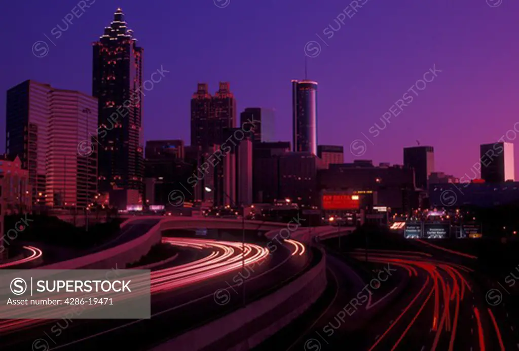 skyline, Atlanta, downtown, Georgia, Skyline of downtown Atlanta at sunset from Downtown Connector Interstate I-85/I-75 in the state of Georgia.