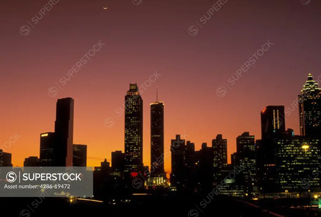 skyline, Atlanta, downtown, Georgia, Silhouette of downtown skyline of Atlanta at sunset in the state of Georgia.