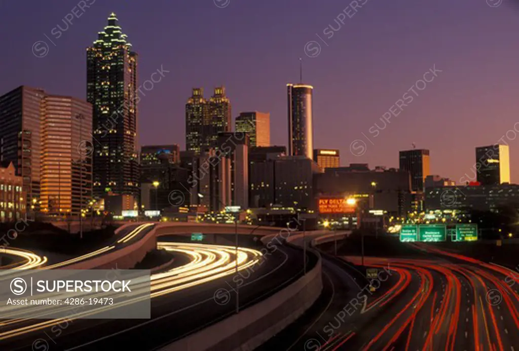 Atlanta, skyline, downtown, Georgia, Atlanta's downtown skyline and Downtown Connector Interstate I-75/85 at sunset from North Avenue in the state of Georgia.