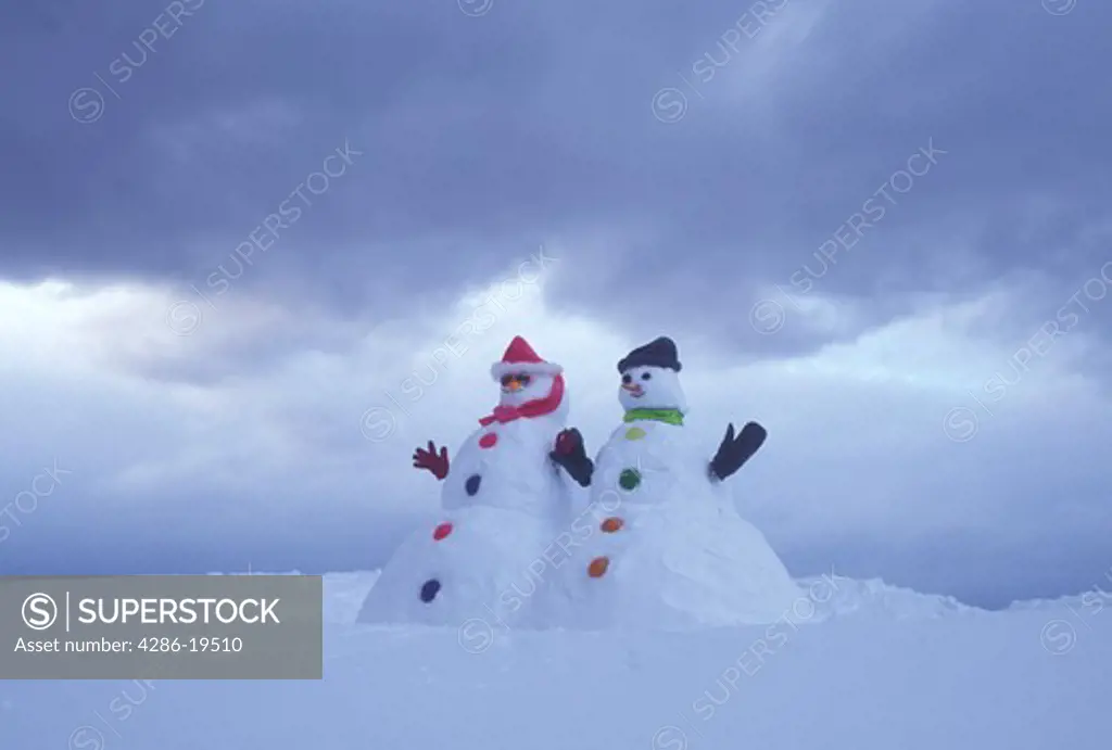 snowman, Vermont, VT, Snowman and snowwoman on a snow-covered hill in winter