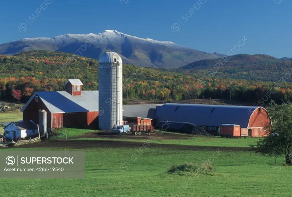 red barn, mountain, snow, Fletcher, VT, Vermont, Mt. Mansfield, Scenic view of the first snow on Mount Mansfield in the fall from Tinker Farm in Fletcher.