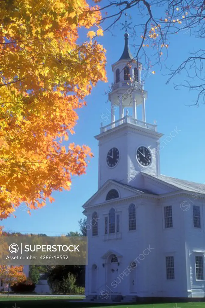 church, maple tree, fall, East Poultney, VT, Vermont, The United Baptist Church of East Poultney in autumn.