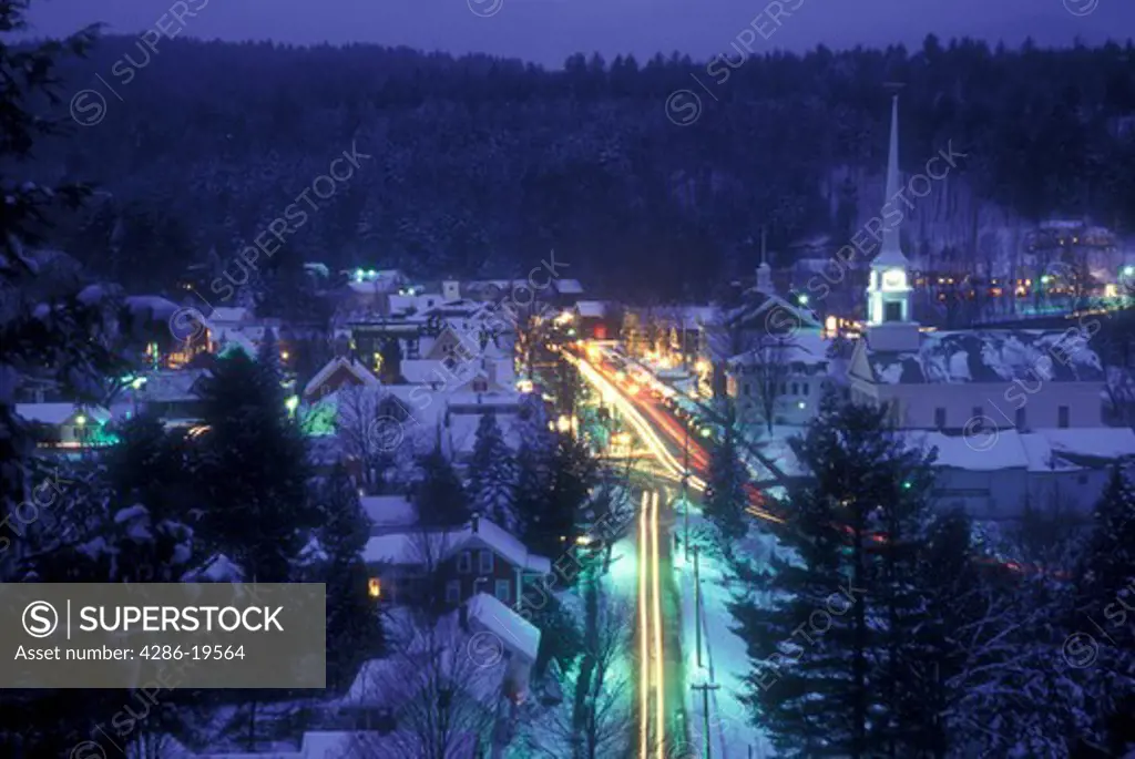 aerial, Stowe, village, ski resort, holiday, snow, winter, Vermont, A scenic aerial view of the village of Stowe on a wintry night in Lamoille County in the state of Vermont. 