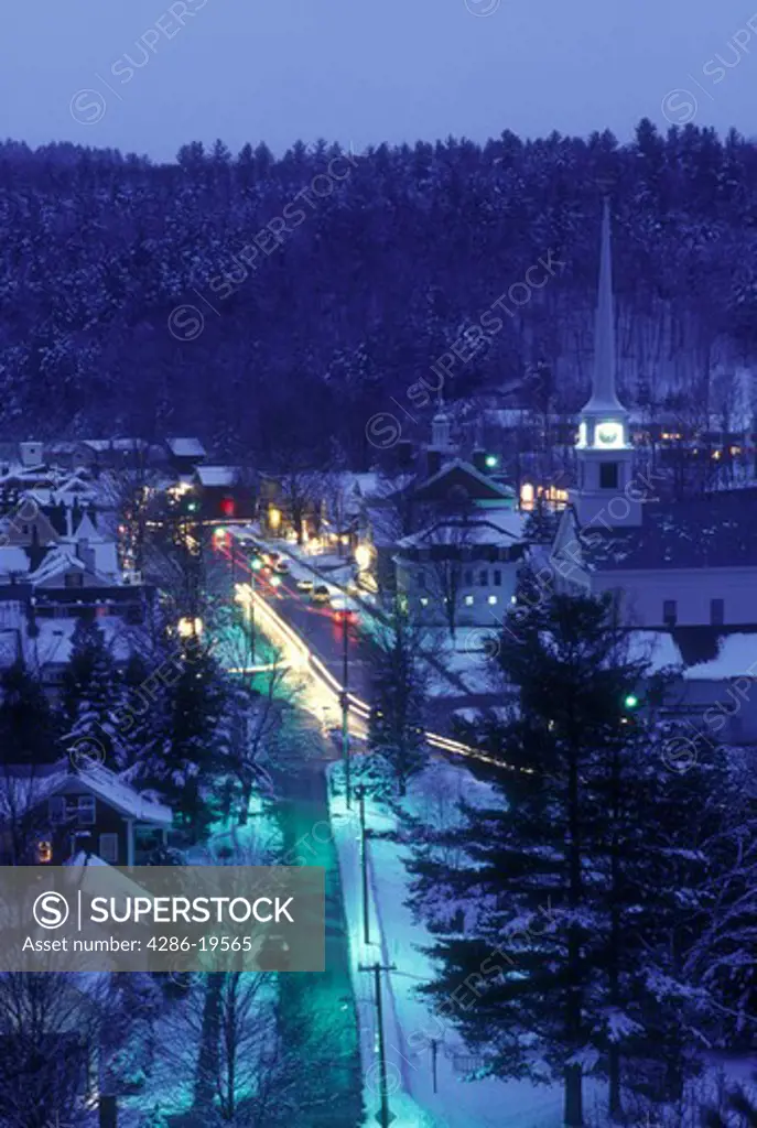 Stowe, aerial, ski resort, evening, village, holiday, snow, winter, Vermont, A scenic aerial view of the village of Stowe on a wintry night in Lamoille County in the state of Vermont. 