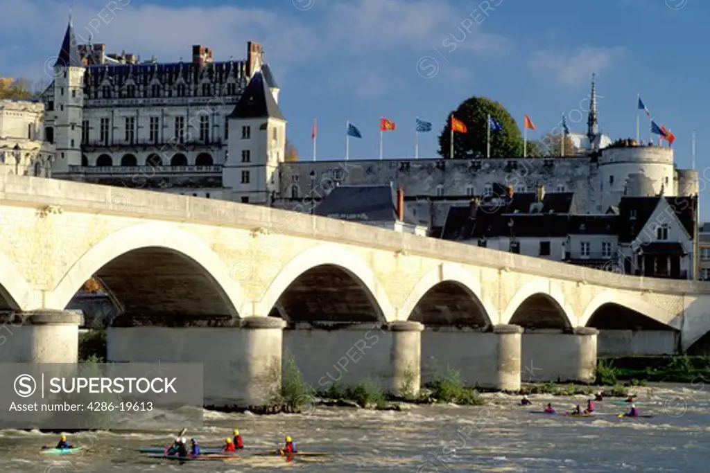 France, Amboise, Loire Valley, Loire Castle Region, Europe, Chateau Amboise a 15th century castle across the Loire River. Kayaking on the river. 