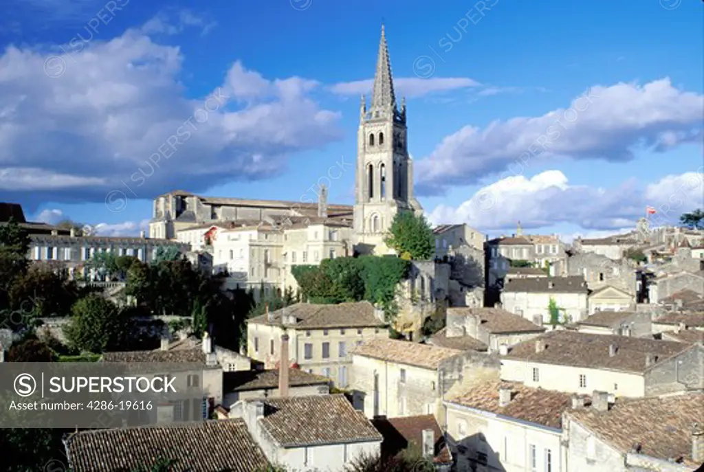 France, Saint Emilion, Bordeaux Wine Region, Gironde, Aquitaine, Europe, Eglise Monolithe rises above the medieval village of St. Emilion.