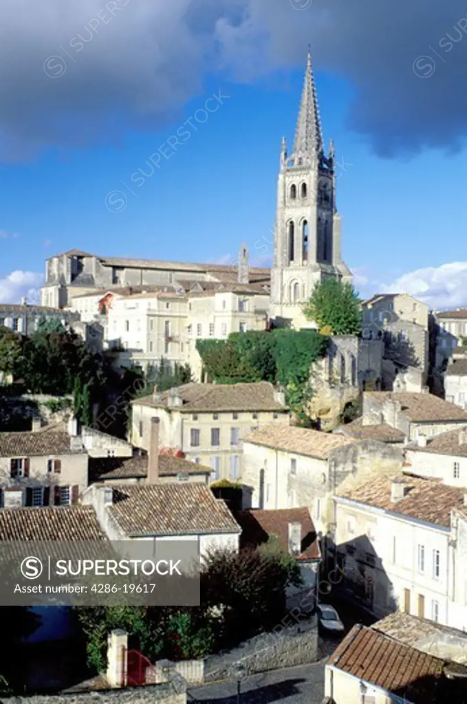 France, Saint Emilion, Gironde, Bordeaux Wine Region, Europe, Aquitaine, Eglise Monolithe rises above the medieval village of St. Emilion.
