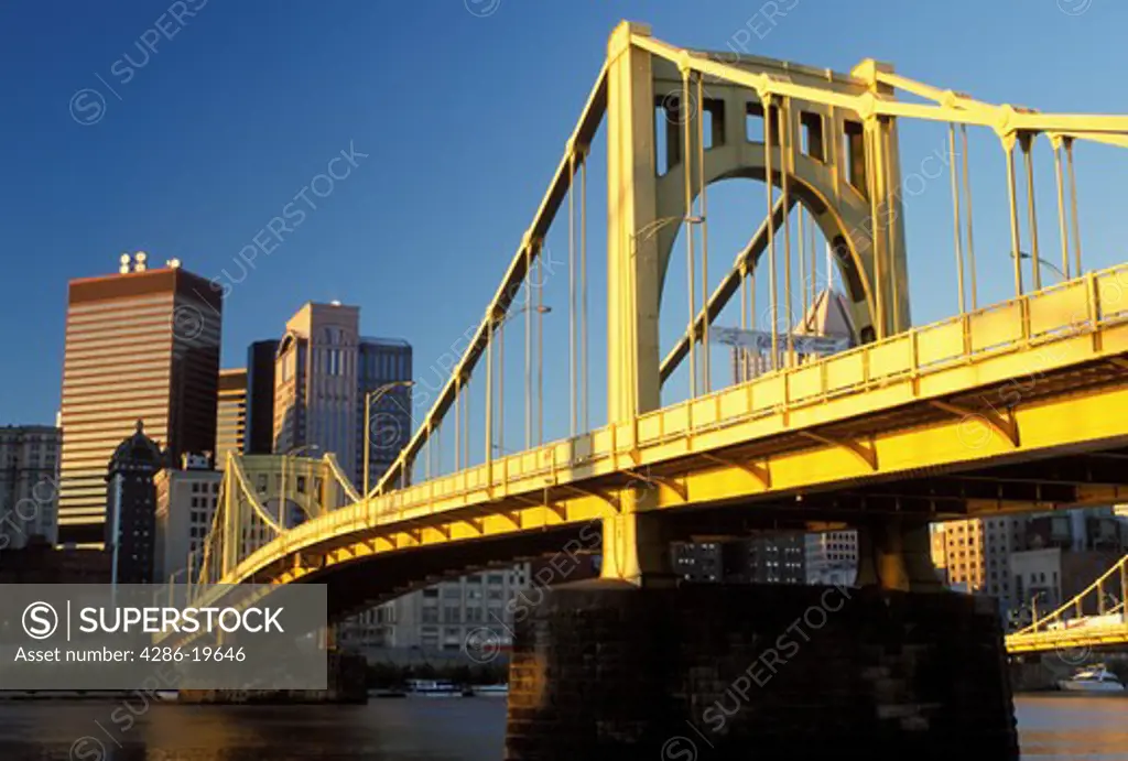 Pittsburgh, skyline, bridge, PA, Pennsylvania, View of the downtown skyline of Pittsburgh and the 7th Street Bridge crossing the Allegheny River.