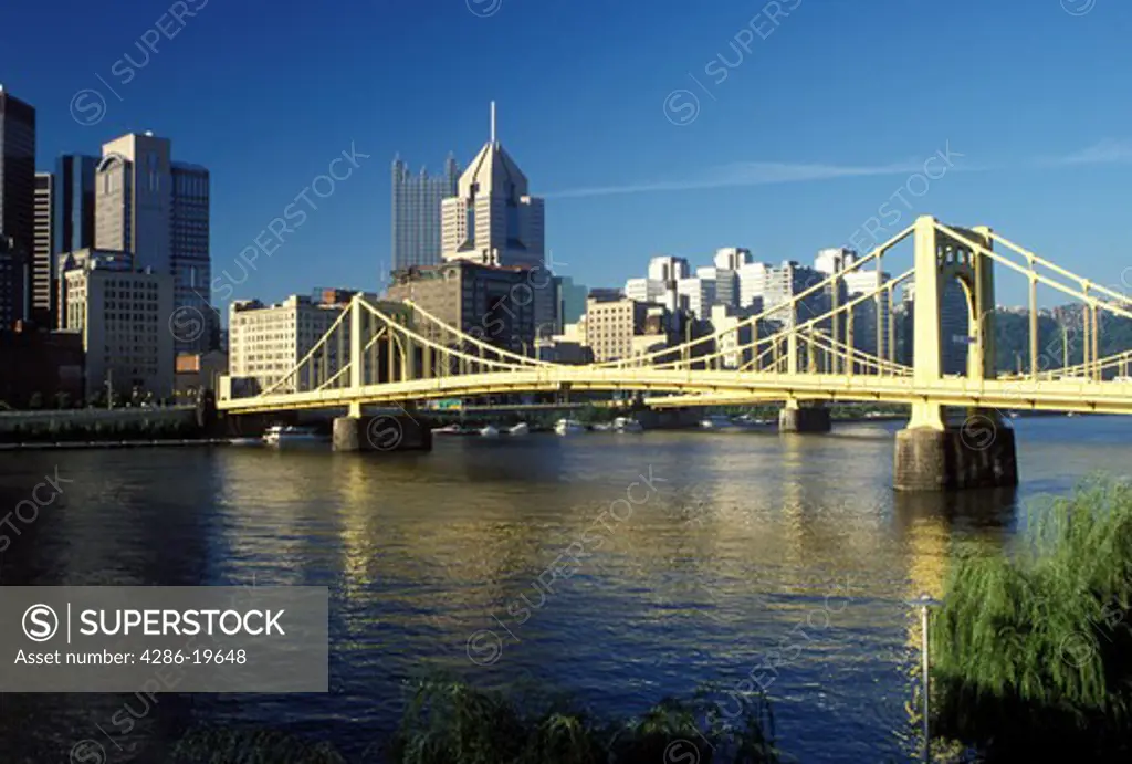skyline, Pittsburgh, bridge, PA, Pennsylvania, Downtown skyline of Pittsburgh, 7th Street Bridge, Allegheny River.