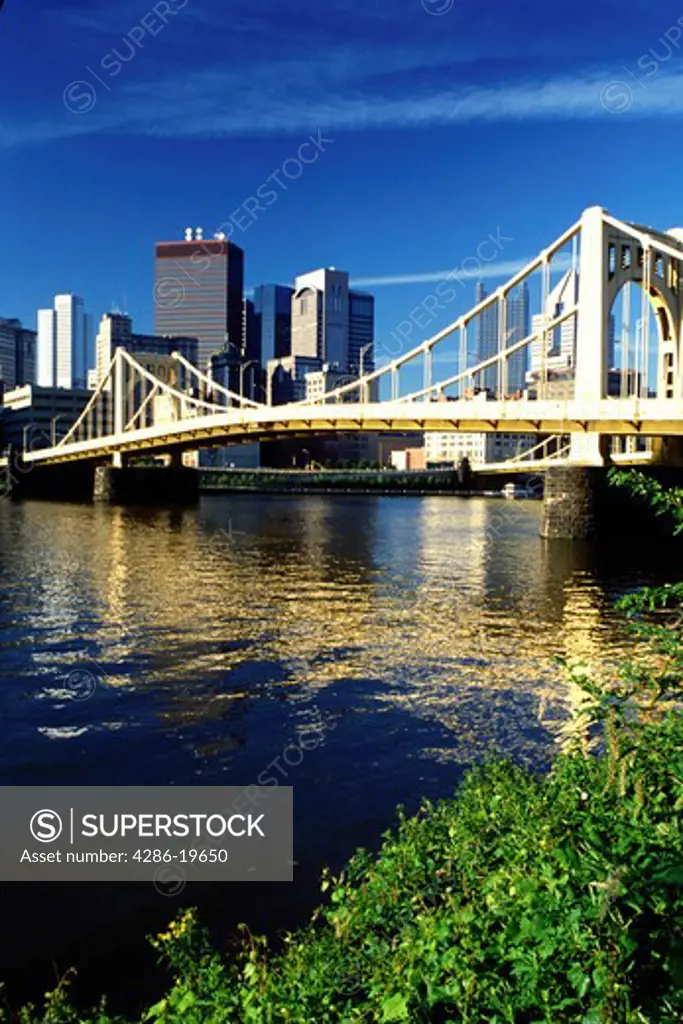 Pittsburgh, skyline, bridge, PA, Pennsylvania, View of the downtown skyline of Pittsburgh and the 9th Street Bridge crossing the Allegheny River.