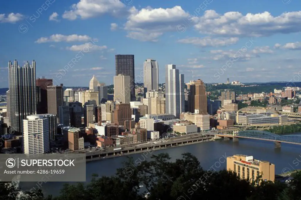 skyline, Pittsburgh, PA, Pennsylvania, Aerial view of the downtown skyline of Pittsburgh along the Monongahela River.