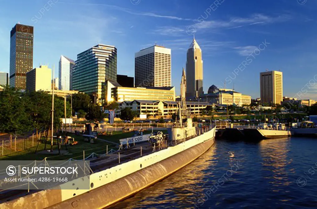 Cleveland, skyline, OH, Ohio, Downtown skyline of Cleveland, USS Cod Submarine Museum, Lake Erie