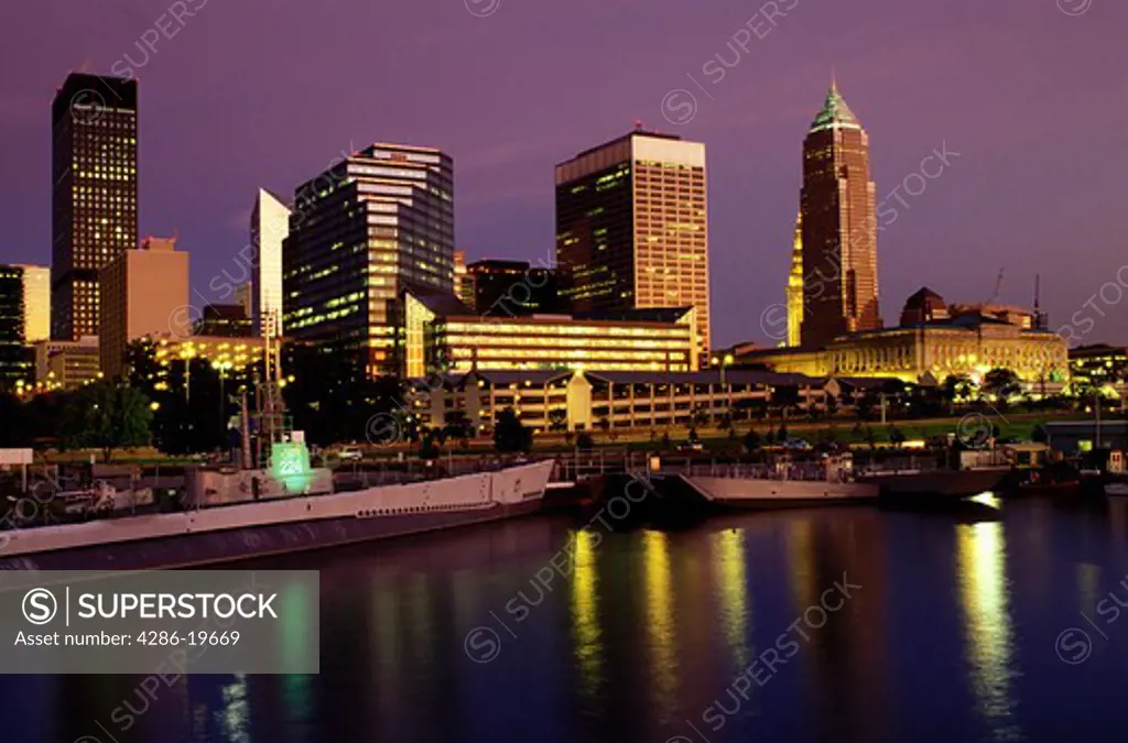 Cleveland, skyline, OH, Ohio, Downtown skyline of Cleveland, USS Cod Submarine Museum, Lake Erie, evening