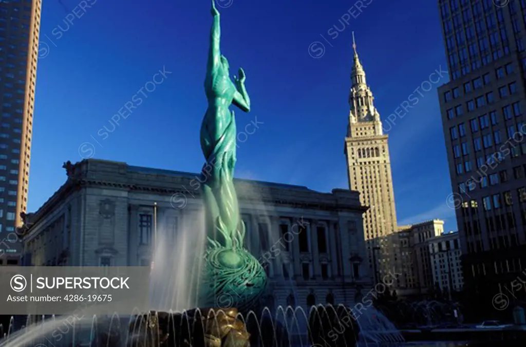 fountain, tower, Cleveland, OH, Ohio, Victory Fountain in front of the South Mall of the Terminal Tower, a Beaux-Arts skyscraper