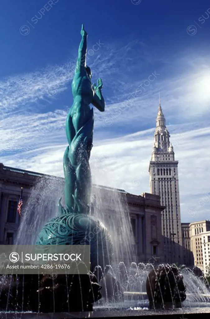 Cleveland, OH, Ohio, Victory Fountain in front of the South Mall of the Terminal Tower, a Beaux-Arts skyscraper