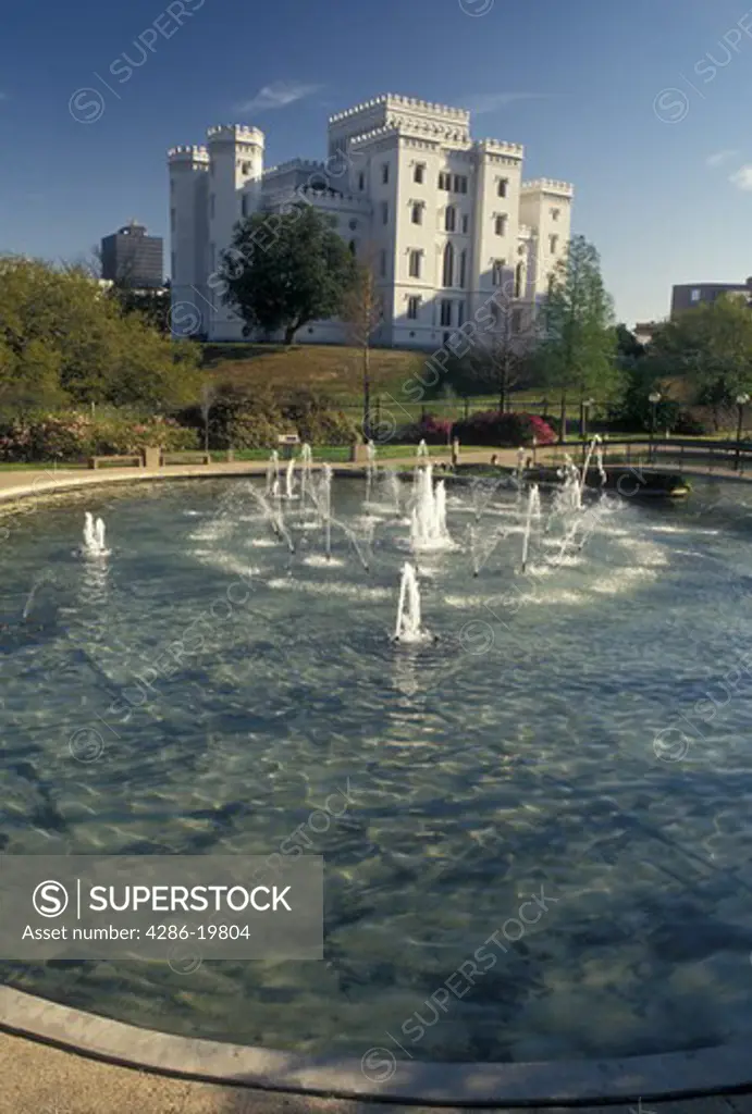 Baton Rouge, Louisiana, LA, Old State Capitol Building, a Gothic Revival Castle, with fountain in the foreground in the capital city of Baton Rouge.