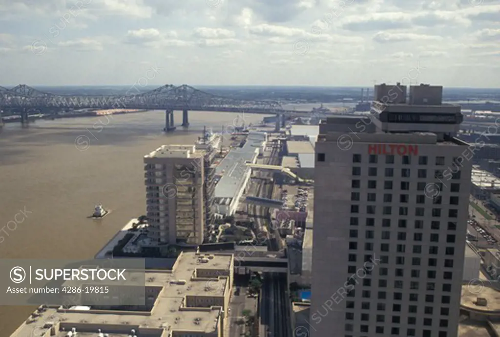 New Orleans, Louisiana, LA, Aerial view of the Hilton Hotel and downtown New Orleans along the Mississippi River.